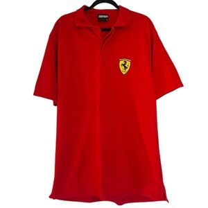 Ferrari Men’s Vintage 90’s Red Collar Button Up Polo Shirt 100% Cotton- Size XL